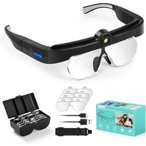 Magnifying Glass with Lights, Headband Hands Free Magnifying Glasses for Close Work, Flip-up Magnifier with 3 Color Temperature, 1.5X to 5.0X Lenses for Jewelry Crafts Soldering Repair (Black)