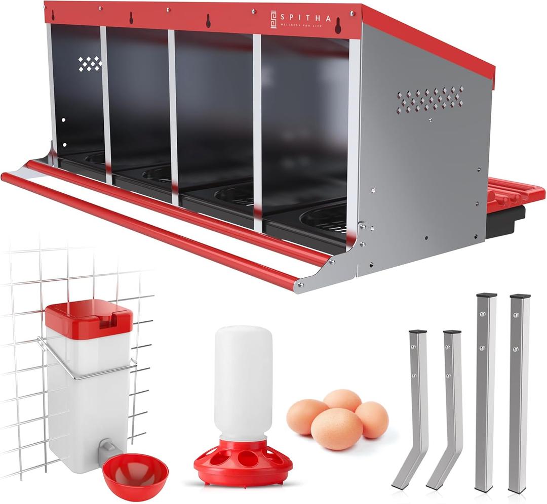 Nesting Boxes for Chickens  4 Hole Roll Out Chicken Nesting Box with Reverse Egg Collection, Galvanized Steel Coop Nest with Perch, Fits Up to 20 Hens