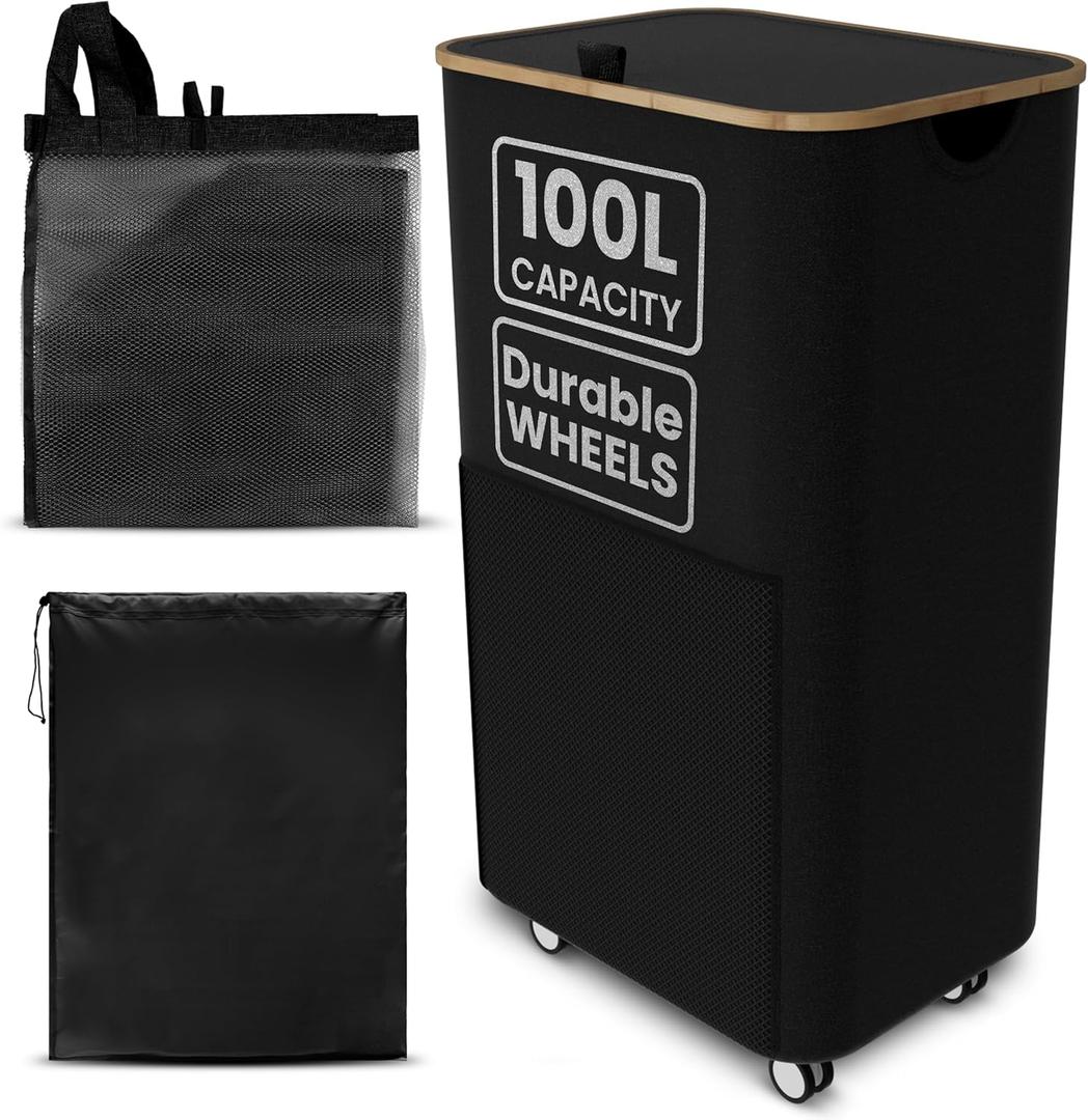 Laundry Basket with Wheels and Handle - 100L Bamboo-Fabric Laundry Hamper with Lid, Front Mesh Pocket, Travel Bag, Sturdy Wheels, Black