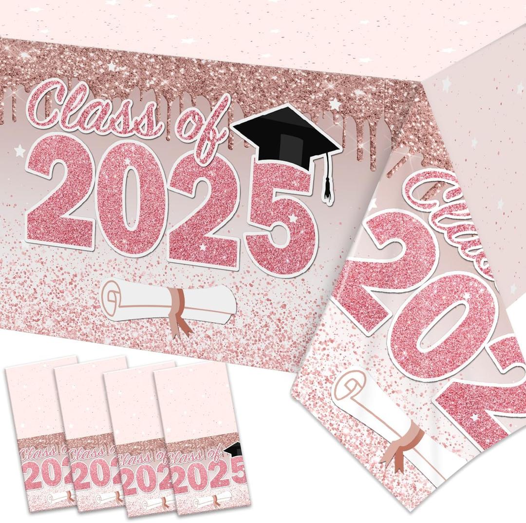 ssailue decor Pink Graduation Decorations Class of 2025 Tablecloth,4 Pieces 2025 Graduation Party Tablecloth, Class of 2025 Graduation Plastic Disposable Table Cover Party Supplies