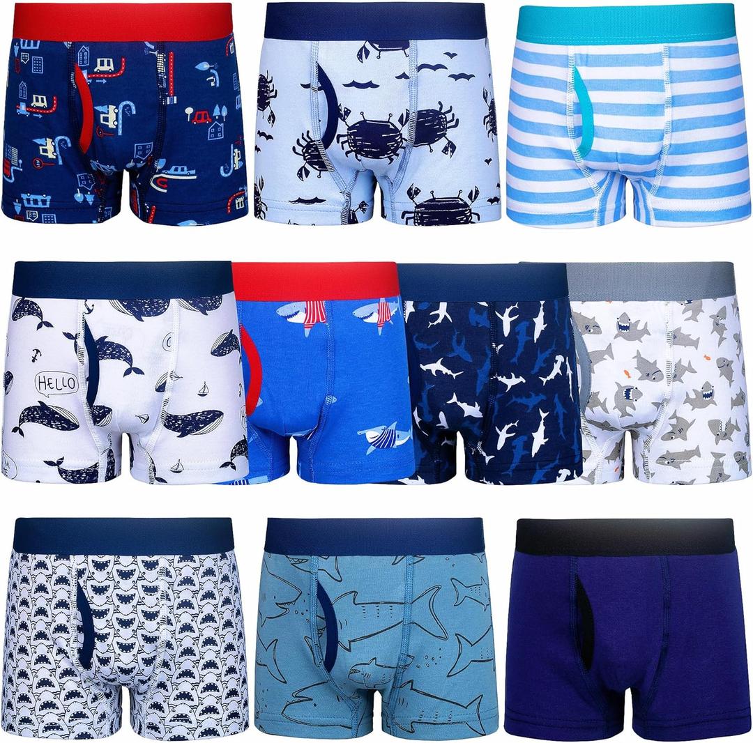 BIG ELEPHANT Boys Boxer Briefs 10-Pack, 100% Cotton Toddler Underwear, Dinosaur and Car Print, Soft Breathable Underpants