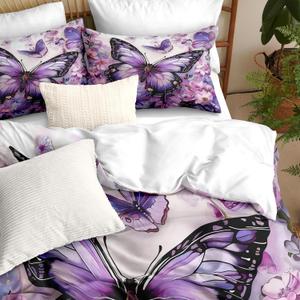Purple Butterfly Comforter Set Full Size Chic Flower Butterfly Bedding Sets for Kids Botanical Plants Comforter Boho Animal Bed Set Soft Microfiber Comforter for Girls Boys Bedroom Decor (Multi 08)