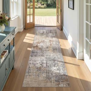 DMOYEST Washable Runner Rug for Hallway: 2.6x8 Neutral Modern Abstract Low Pile Area Rug with Non-Slip Backing - Carpet for Bedroom Kitchen Laundry Entryway Bathroom Indoor - Grey Brown