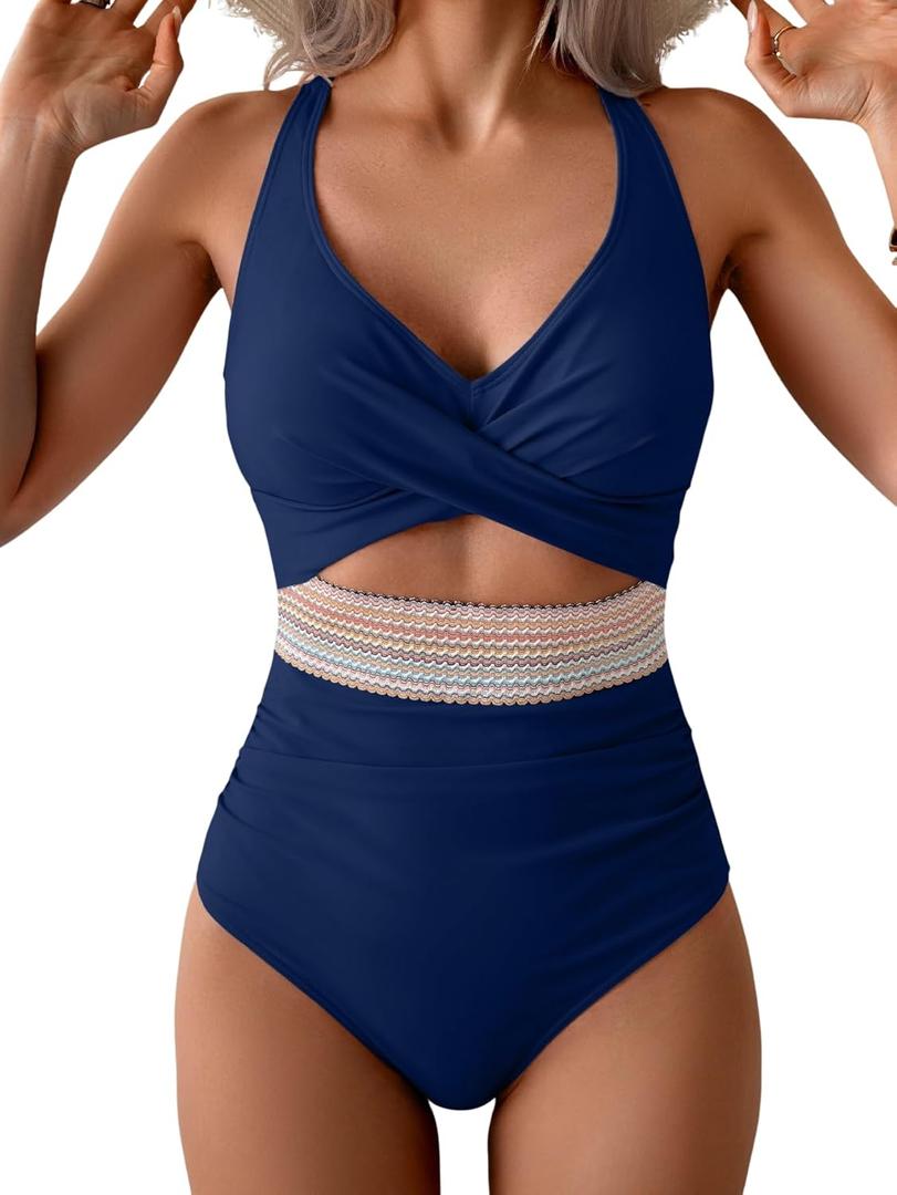 B2prity One Piece Swimsuit for Women Tummy Control V Neck Bathing Suit Color Block High Waisted Cutout Swimwear (Medium)