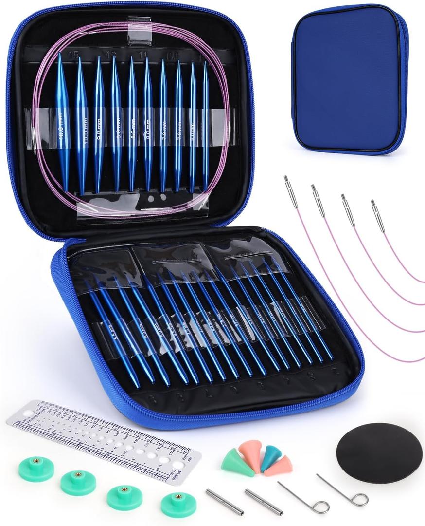 Aeelike Interchangeable Knitting Needles Set,13 Pairs Circular Knitting Needles Aluminum (Size 3.0mm-10.0mm) with 4 Cables Accessories Needle Storage Casefor Socks Blankets Cushions, Ideal Gift (Dark Blue)