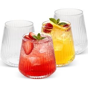 Goodluck 80 Pack 12oz Stemless Plastic Wine Glasses Clear Ribbed Cups, Elegant Reusable Disposable Drinkware for Weddings, Parties, Bars, Indoor and Outdoor Events (EXP 12/19/36)
