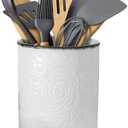 Comfify Large Ceramic Kitchen Utensil Holder with Vintage Farmhouse Floral Pattern – Elegant White Decorative Crock for Countertop Organization – Organizer for Tools, Spatulas, Spoons & More