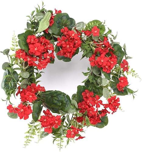 24 Inch Red Geranium Wreath on Hand Tied Twig Base, Artificial Floral, Spring and Summer Front Door Wreath, Red, Green, Brown 24 Inch Red Geranium Wreath on Hand Tied Twig Base, Artificial Floral, Spring and Summer Front Door Wreath, Red, Green, Brown