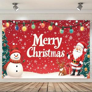 Christmas Banner 70.87x43.31 Inch Red Santa Snowman and Christmas Tree Design Polyester Wall Hanging Holiday Indoor Outdoor Decoration for Door Porch Party Home Display (Colorful 0762)