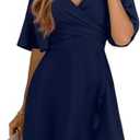 Dokotoo Women's Wrap V Neck Short Flared Sleeve Wedding Guest Dress Smocked Elastic Waist Tiered Belted Ruffle Hem Mini Dress L