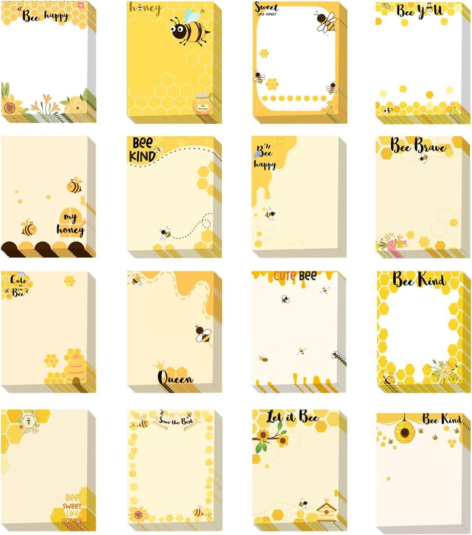 16 Pieces Bee Sticky Notes Bee Notepads 4x3 Inch Adhesive Honey Bee Memo Notes Cute Bee Note Pads for School Office Home Supplies Students Teachers Gift
