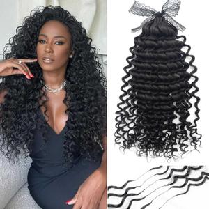 18 Inch Knotless Pre-Separated Crochet Feather Hair Extensions, Deep Wave Natural Black Real Human Hair, Invisible No Damage Reusable Hair for Women (Deep wave 1B, 18inch 60g)