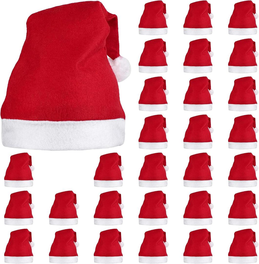 Elcoho 30 Pack Santa Red Hat Short Plush with White Cuffs Non-woven Fabric Christmas Hat