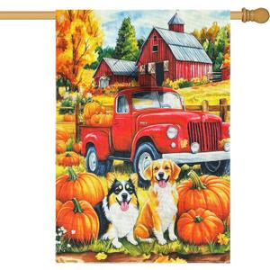 JRED Fall Dogs Garden Flags 28x40 Inch, Double Sided Autumn Pumpkin Burlap Flags for Outside, Puppys Yard Flag Decorations for Home Farmhouse Holiday