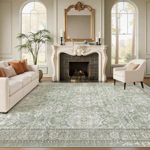 Soalmost 9x12 Area Rugs for Living Room, Non Slip Machine Washable Vintage Rugs, Low Pile Lightweight Large Rug for Bedroom, Dining Room, Home Office Green/Brown