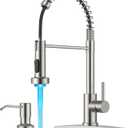 FORIOUS LED Kitchen Faucet with Soap Dispenser, Brushed Nickel Stainless Steel Traditional Spring Commercial Pull Out Sink Faucet with Pull Down Sprayer for Laundry RV Camper Bar Farmhouse