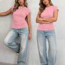 Bliwov Womens Summer Tops Cap Sleeve Crew Neck T Shirts Spring Trendy Fashion Outfits Business Beach Vacation Blouses Clothes Pink (Pink, L)