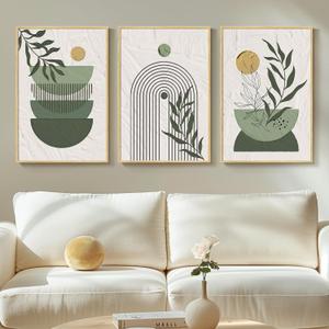 Framed Sage Green Large Boho Canvas Wall Art, Set of 3 Piece Bohemian Beige Green Prints Paintings, Boho Wall Hanging Pictures for Living Room, Hallway, Bedroom Wall Decor 16x24 Inch