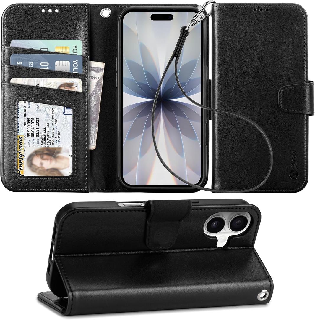 Arae Compatible with iPhone 17 Case Wallet with Card Holder, Wristlet Strap Wallet Flip Cover for iPhone 17 6.3 inch Men/Women, RFID Blocking, Kickstand, Black