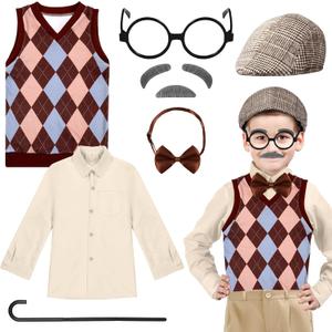 Liitrsh 7 Pcs Old Man Costume Grandpa Costume 100 Days of School Beret Vest Shirt Eyeglass Halloween Outfit for Cosplay (5-7 Years)