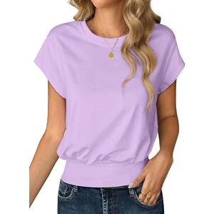 Remidoo Women Batwing Sleeve Crop Top Tee Casual Banded Bottom Cropped T Shirt Tops White Purple Large