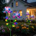 Solar Wind Spinner Outdoor Metal Garden Decor – 2-in-1 Kinetic Double Lotus Flower Stake with Glowing Fiber Optic Lights, Multi-Color Spinning Yard Art Sculpture for Patio, Lawn, and Pathway