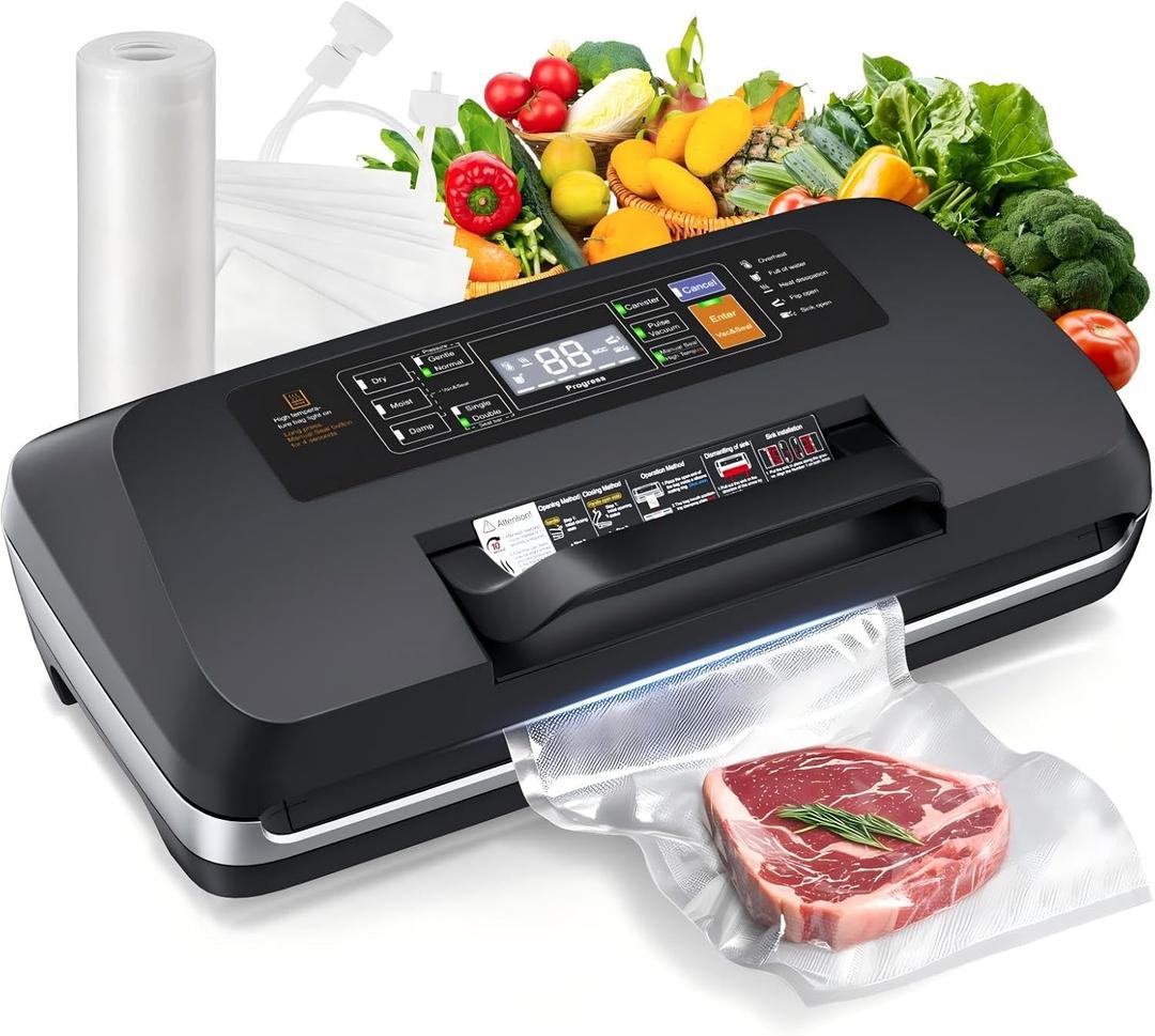 95kpa Vacuum Sealer Machine, Updated 2025 Commercial Fully Automatic Food Sealer, 10-in-1Functions & Powerful Sealing System with Double Heat Seal, Easy-Lock Handle, Built-in Cutter and Bag Storage (Black)