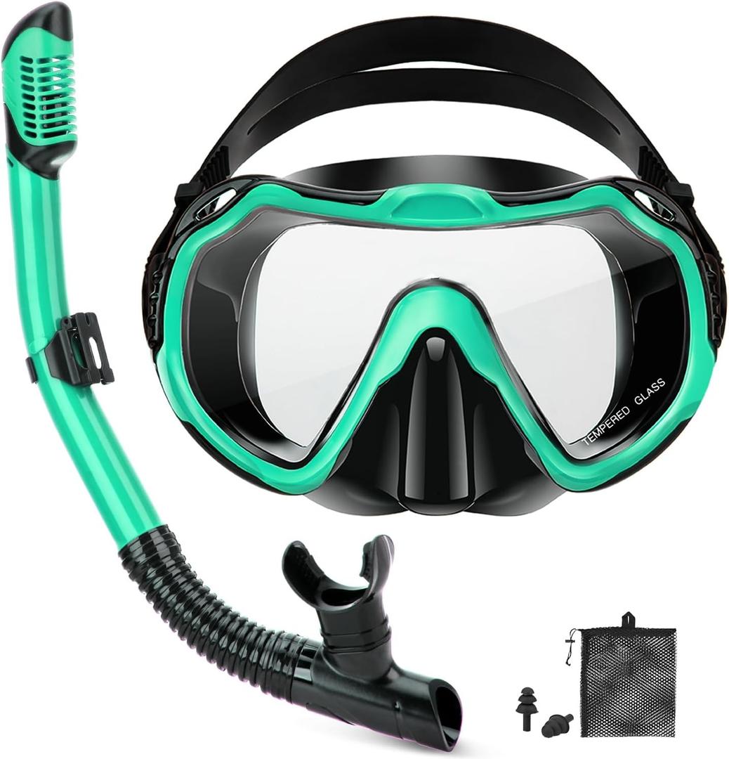 Snorkeling Gear for Adults, Adult Snorkel Set with Panoramic Anti-Leak and Anti-Fog Tempered Glass Snorkel Mask, Dry Top Snorkel, Snorkle Mask Set Adult with Mesh Bag Ear Plug for Snorkeling (Malachite Green (1 Set))