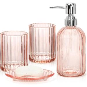 Glass Bathroom Accessories Set, 4Pcs Bathroom Accessories Sets Complete Lotion Soap Dispenser, Toothbrush Holder, Mouthwash Cup, Soap Dish for Bath Decor, Countertop Vanity Organizer (Pink)