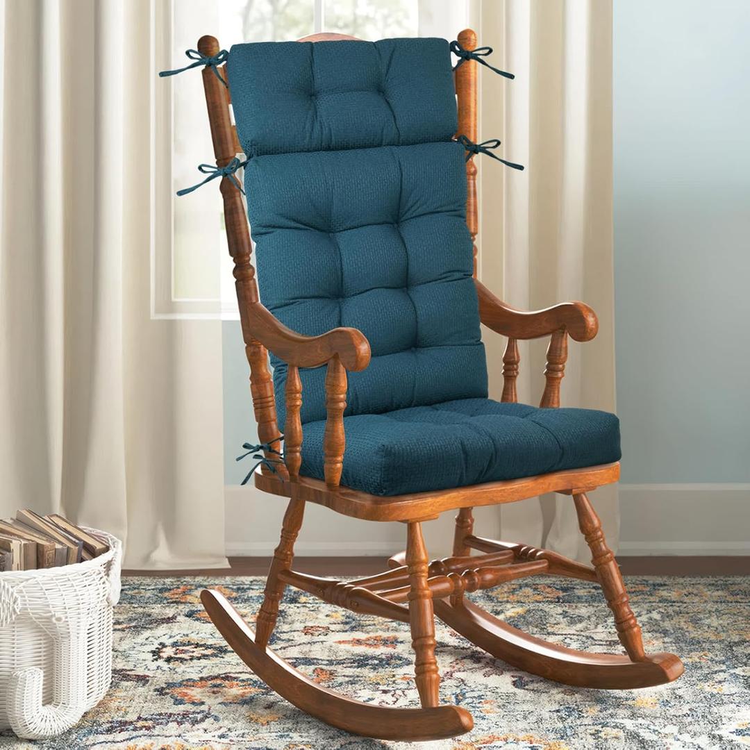 Rocking Chair Cushions Indoor High Back Set - Sackcloth Fabric, High-Density Sponge, Durable Comfort Non-Slip Bottom Tufted Seat Pads with Ties, SackclothNavy Blue, 52x19x4 inch