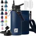 32 oz Insulated Water Bottle | Thickened Stainless Steel Vacuum Metal | Portable Sports Water Jug for Gym and Hiking with Straw, Carrier Bag, Handle Strap | BPA-Free 32 oz (Navy Blue)