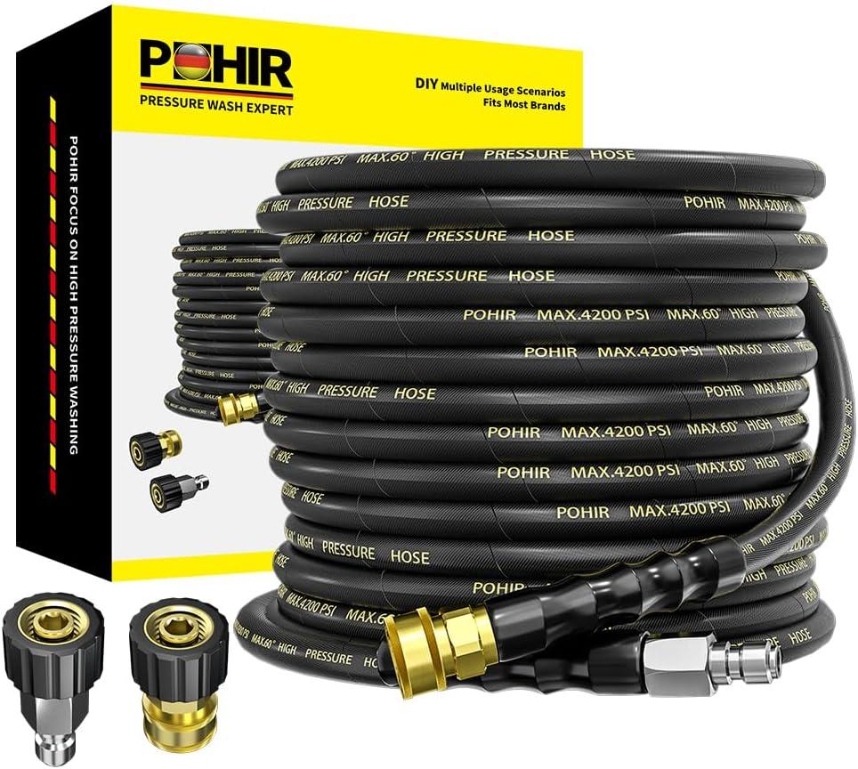 POHIR Pressure Washer Hose 50 ft with 3/8 Inch Quick Connect, Kink Resistant High Tensile Wire Braided,with 2 pcs M22 14mm Adapter Set, 4200 PSI Power Washer Hose