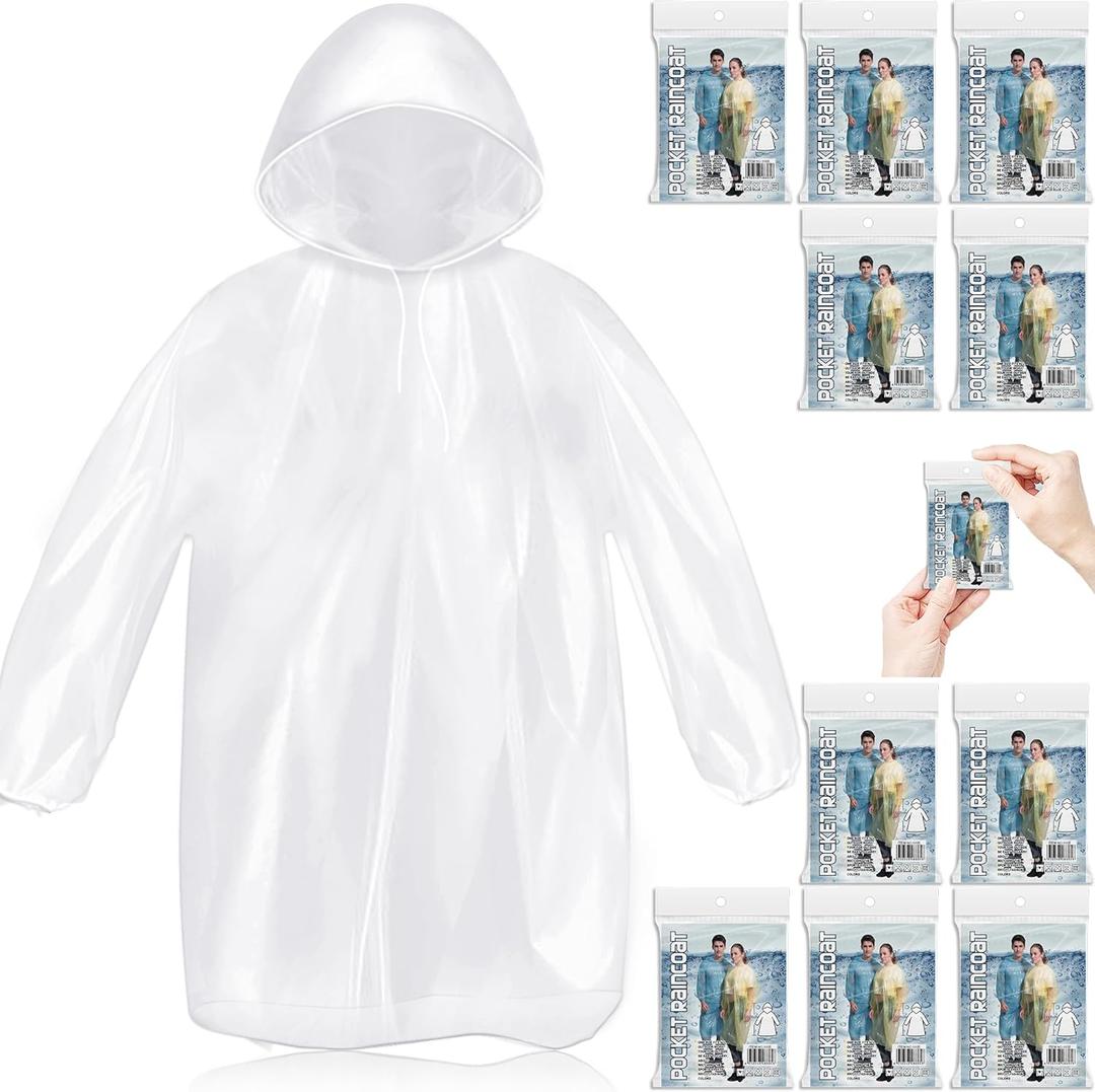 10 Pack Disposable Rain Ponchos for Adults, Card-Sized Emergency Ponchos Family Pack with Hood for Travel