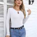 Fall Clothes Cut Out Shirt Keyhole Top for Women Long Sleeve T-Shirts Ribbed Knit Slim Fitted Basic Tee Top (White, L)
