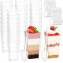 Mwellewm 240 Pcs Dessert Cups with Spoons 120 Pcs 3 OZ Mini Clear Plastic Desert Parfait Cup 120 Pc Spoons for Party Small Square Serving Wine Shot Disposable Fruit Ice Cream Mousse Appetizer Bowl