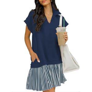 Skoinvb Women's Cap Sleeve Polo Dress V Neck Striped Casual Shirt Dresses Pleated Summer Fall School Dress with Pockets Dark Blue Small (S)