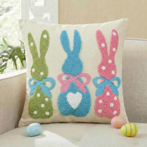 AVOIN colorlife Easter Polka Dot Heart Colorful Bunny Embroidered Throw Pillow Cover, 18 x 18 Inch Bow Rabbits Tufted Patterned Linen Decoration Cushion Case for Sofa