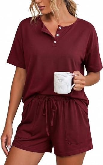 Girece Womens Pajama Sets Soft Lounge Sets Crew Neck Wine Red Pajamas Comfy Lightweight Casual Stretchy Elastic Waist with Drawstring(Wine Red,L)