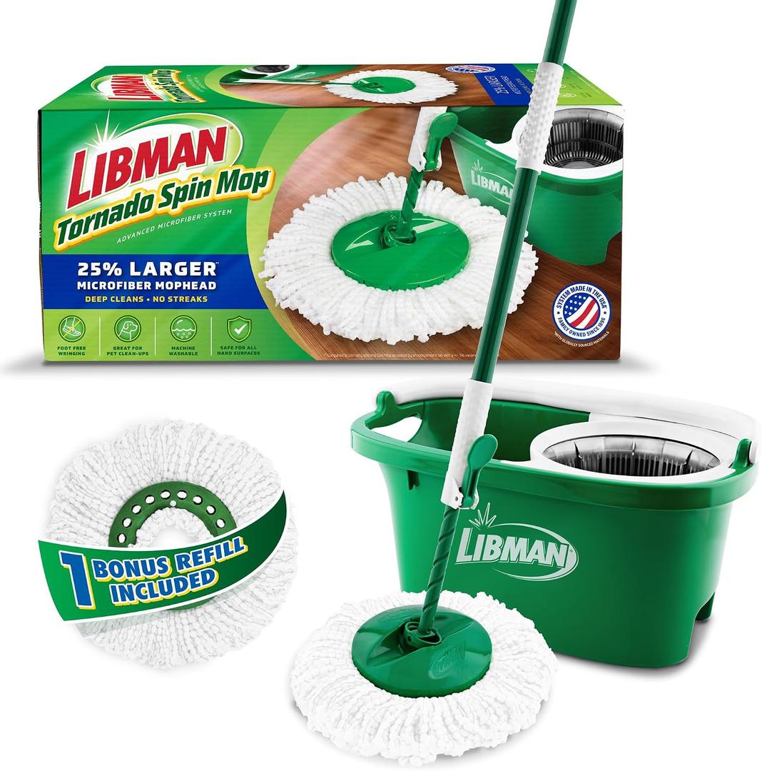 Libman Tornado Spin Mop System and 1 Refill, Mop and Bucket with Wringer Set for Hardwood Floor Cleaning, 2 Total Heads Included