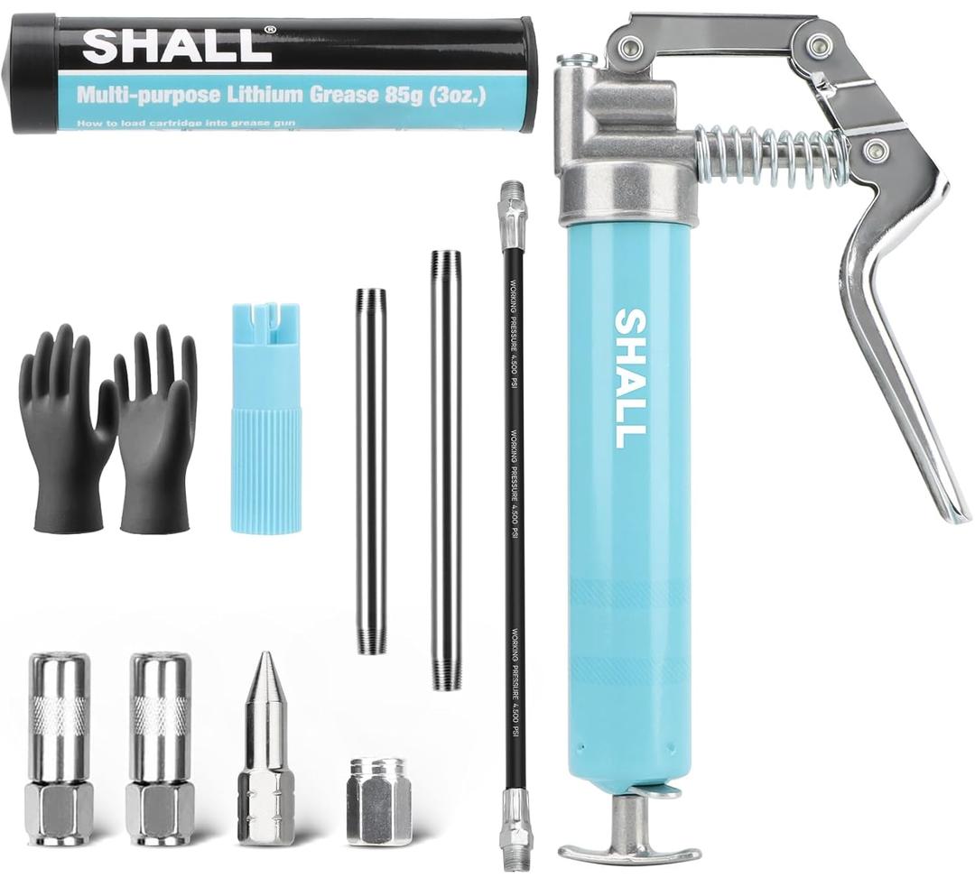 SHALL Mini Grease Gun Kit (3.52OZ, 3000PSI) with Accessories: 2x 4-Jaw Couplers, Sharp Nozzle, Extension Adapter, 3OZ Grease, Reinforced Glove & Cleaner