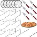 18 Pieces Pizza Pan Riser Stands Sets with 6 Metal Pizza Table Stands 6 Pizza Pans and 6 Wood Handle Pie Server Pizza Serving Tray Display Stands for Pizza Party Dessert Cheese Baking (18 PCS)