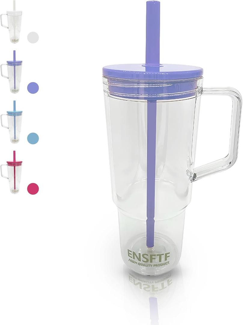 40oz Insulated Clear Tumbler with Handle and Lid & Straw, Reusable Travel Mug for Cold and Hot Drinks, Double-Wall Plastic Water Bottle | Crystal-Clear | Car Cup Holder Fit | Leakproof | BPA-Free (Purple)