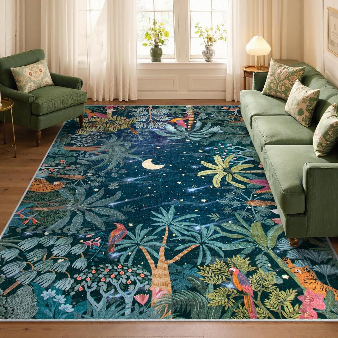 Lahome Jovence Midnight Jungle Green Rug, Washable 8x10 Rugs for Bedroom Living Room, Soft Forest Kids Rugs for Playroom, Non Slip Stain Resistant Floor Carpet for Office Dining Room