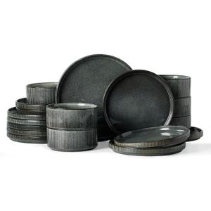 Famiware Star 18-Piece Reactive Glaze Plates and Bowls Sets, Service for 6 - Stoneware Dinnerware with Trim, Modern Rustic Dishes, Chip & Scratch Resistant, Microwave & Dishwasher Safe, Deep Forest