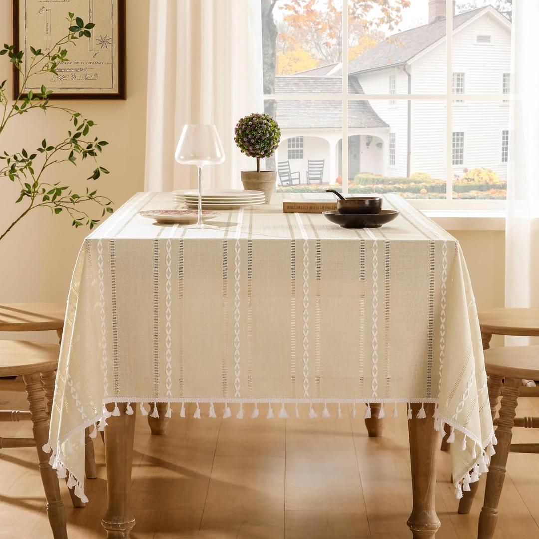 ZeeMart Hemstitched Embroidery Striped Boho Tablecloth 60x104 Inch Beige, Heavy Weight Farmhouse Burlap Linen Beige Tablecloth, Wrinkle Resistant Washable Table Cloth for Rectangle Table