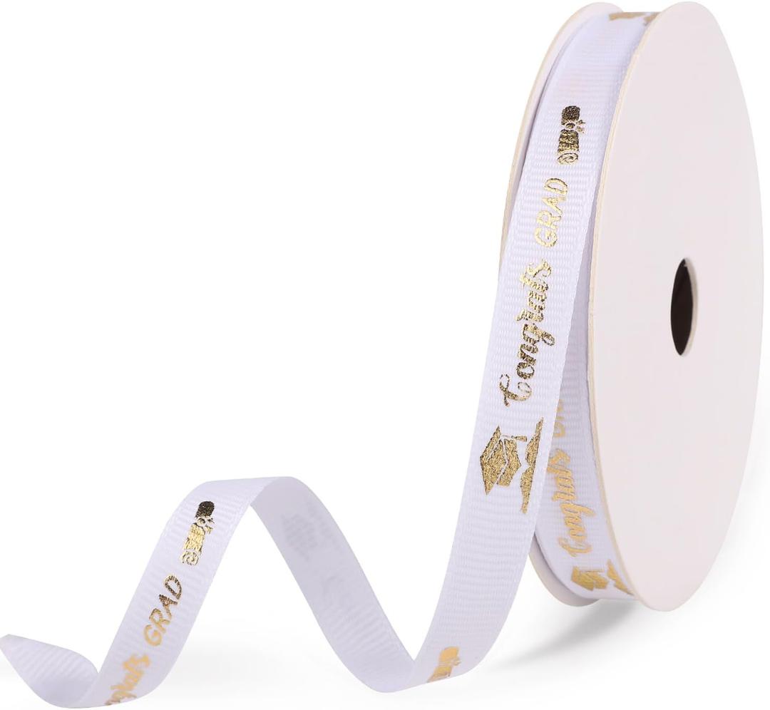 Graduation Ribbon, 0.39 Inch x 9.8 Yards Hot Stamping Process Congrats Grad Ribbon Gold Glitter Decorative Class Ribbon Ribbon for Gift Wrapping Party Decoration (White Gold)