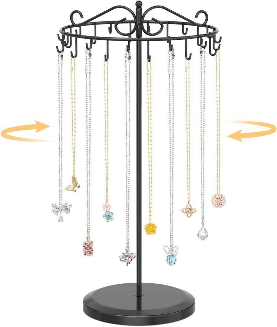 EsLuker.ly Necklace Holder Organizer Rotating Display Stand, Long Necklaces Hanger Tree Tower with 24 Hooks, Metal Tall Jewelry Bracelet Storage Rack for Women Vendors Sell, Prevents Tangling, Black