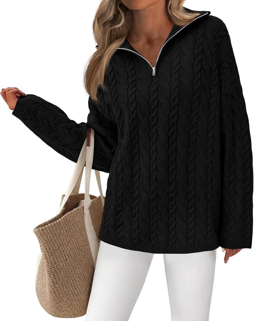 PRETTYGARDEN Womens Spring Sweaters 2026 Long Sleeve Quarter Zip Pullover Sweater Casual Loose V Neck Cable Knit Jumper Tops (X-Large, Black)