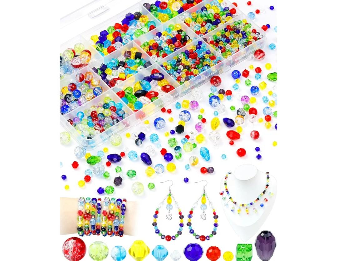 FIVEIZERO 2 Rolls Elastic Bracelet String & 1076PCS FIVEIZERO Glass Beads for Jewelry Making, Assorted Colorful Rainbow Craft Crystal Beads