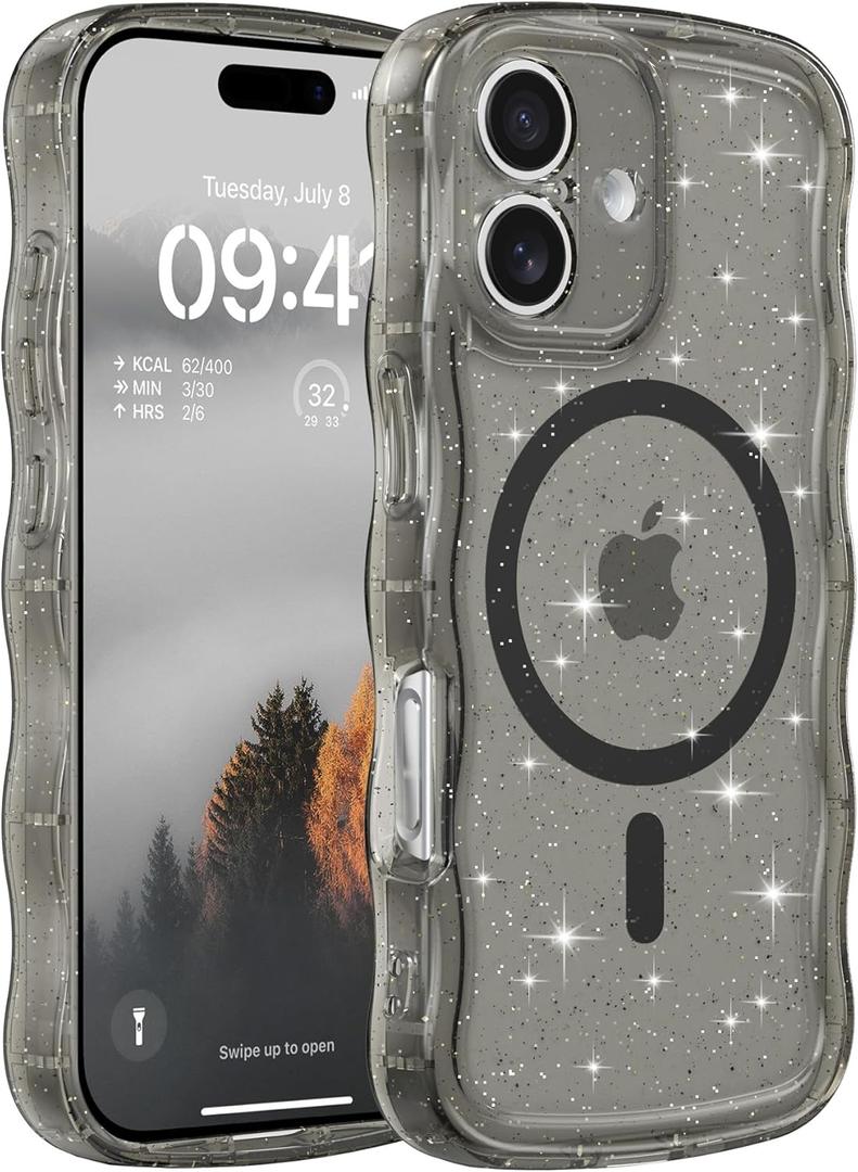 FABSPARK Case for iPhone 16,Compatible with MagSafe,Magnetic Clear Curly Wavy Frame Wave Case with Sparkly Bling Glitter,Transparent Acrylic Hard PC for iPhone 16,Glitter Clear Black